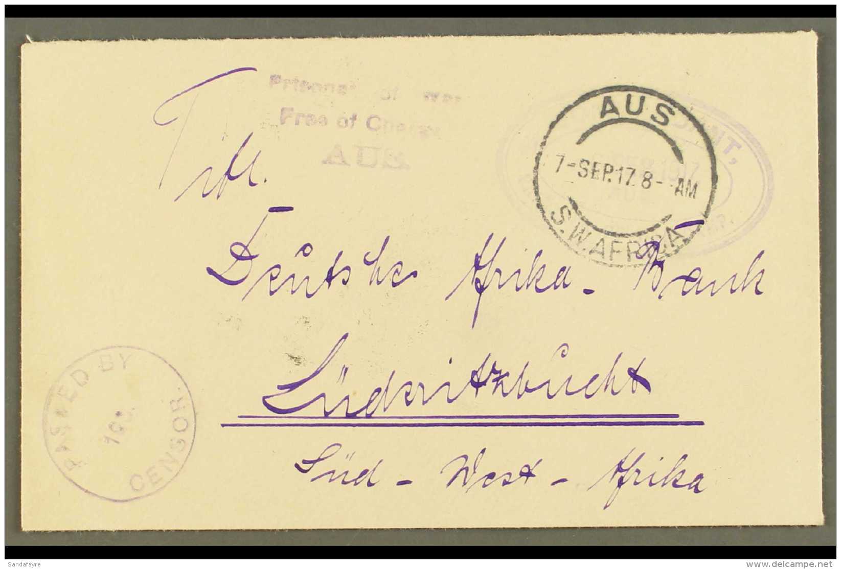 1917 (7 Sep) Stampless Env To Luderitzbucht Showing Oval "COMMANDANT / PRISONER OF WAR CAMP / AUS" Violet Cachet... - África Del Sudoeste (1923-1990)