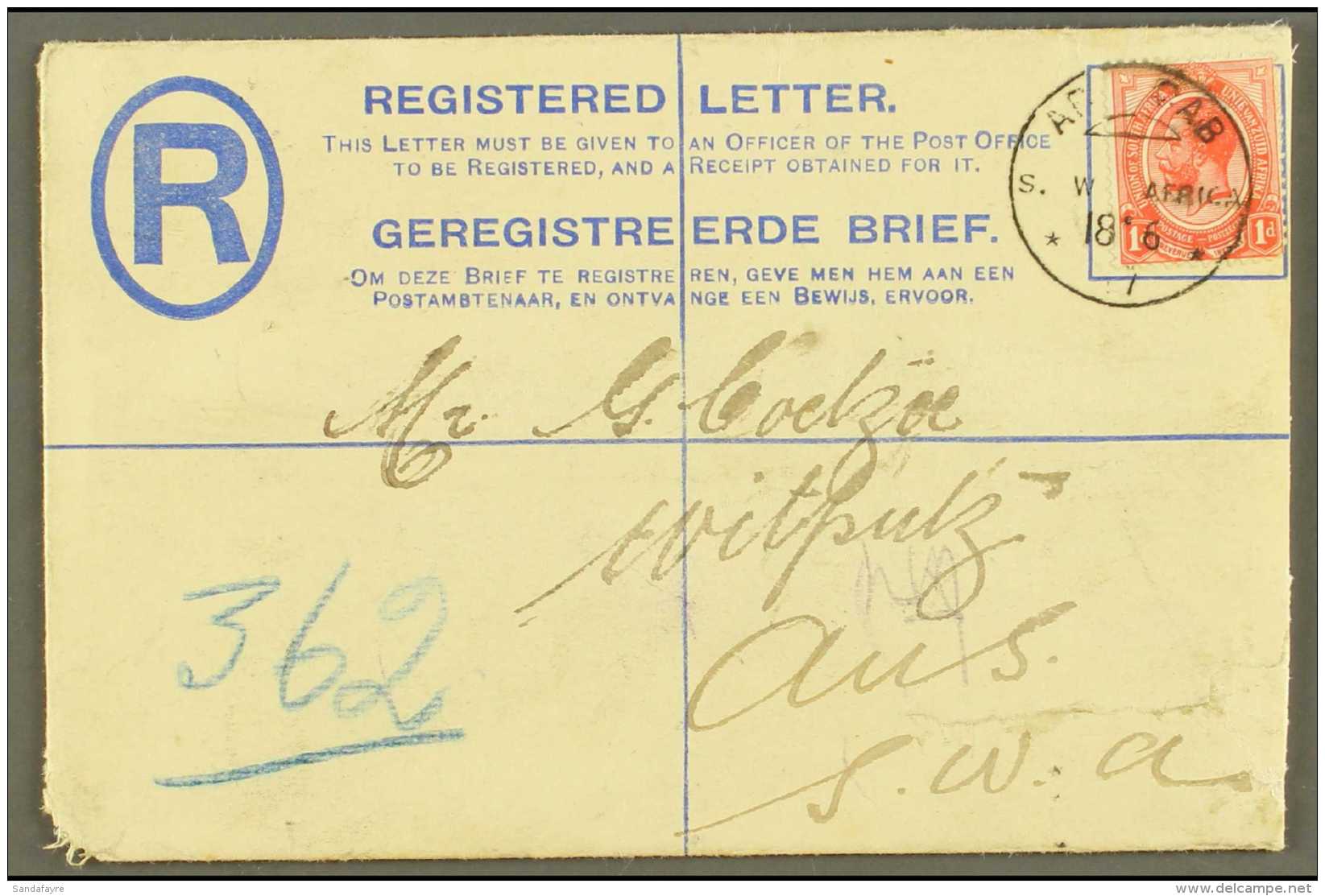 1917 (18 Jun) 4d Blue Registered Envelope To Aus Uprated With 1d Union Stamp Tied By Fine "AR OAB" Altered German... - Afrique Du Sud-Ouest (1923-1990)