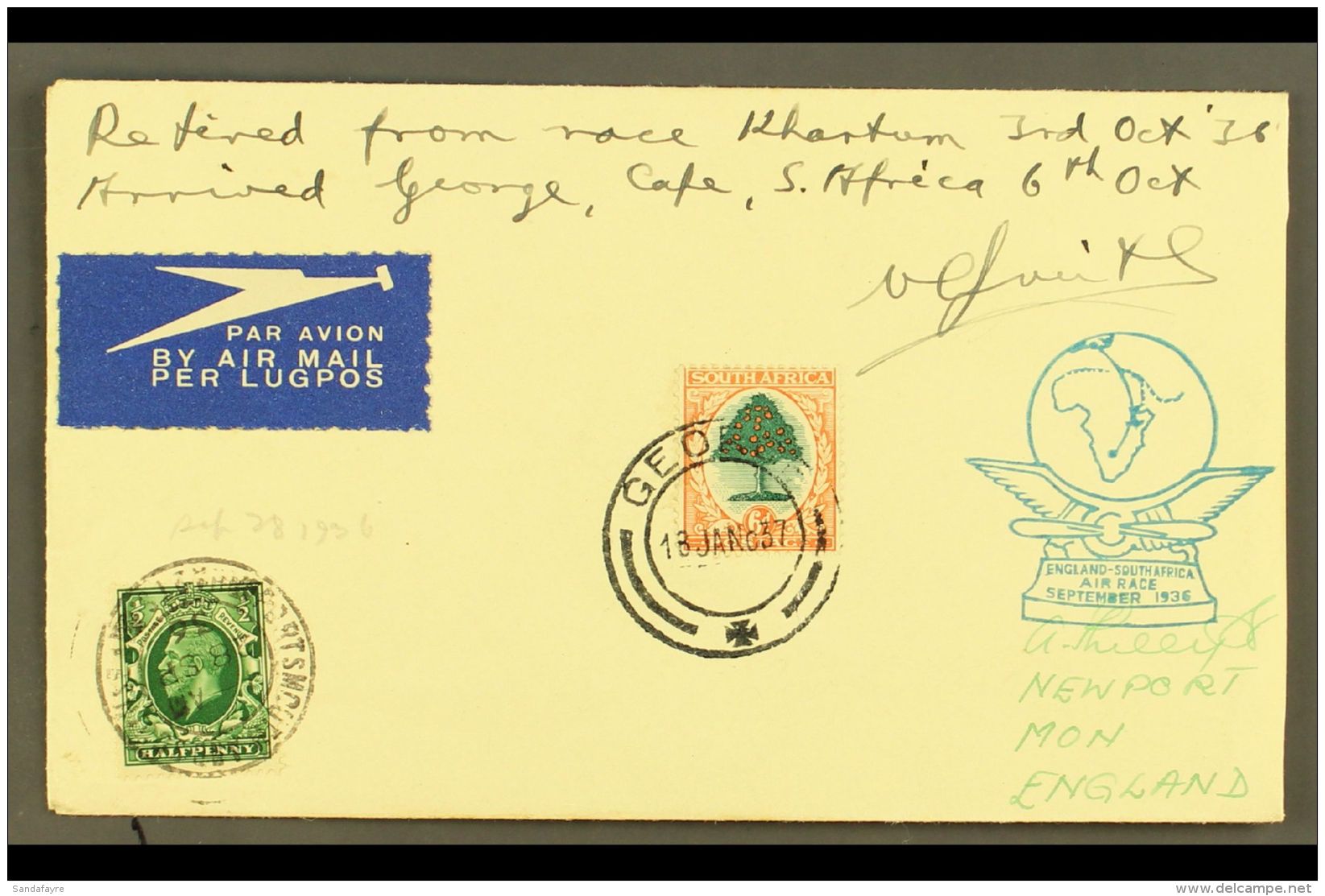 SCHLESINGER AIR RACE COVER 1936 Cover Carried By Victor Smith With GB KGV &frac12;d, Portsmouth 28.9.36 Pmk And... - Ohne Zuordnung