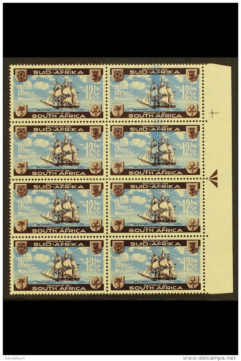 1962 12&frac12;c Blue &amp; Deep Chocolate, British Settlers, Arrow Block Of 8 With LARGE BLUE INK FLAW (doctor... - Sin Clasificación