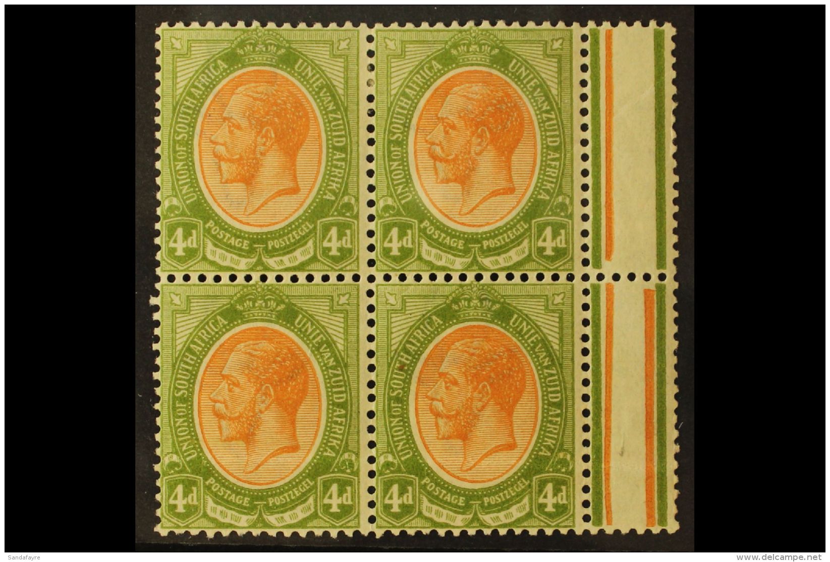 1913-24 4d Orange-yellow &amp; Sage-green, Marginal Block Of 4 With MISSING JUBILEE LINE In Margin VARIETY, SG... - Sin Clasificación