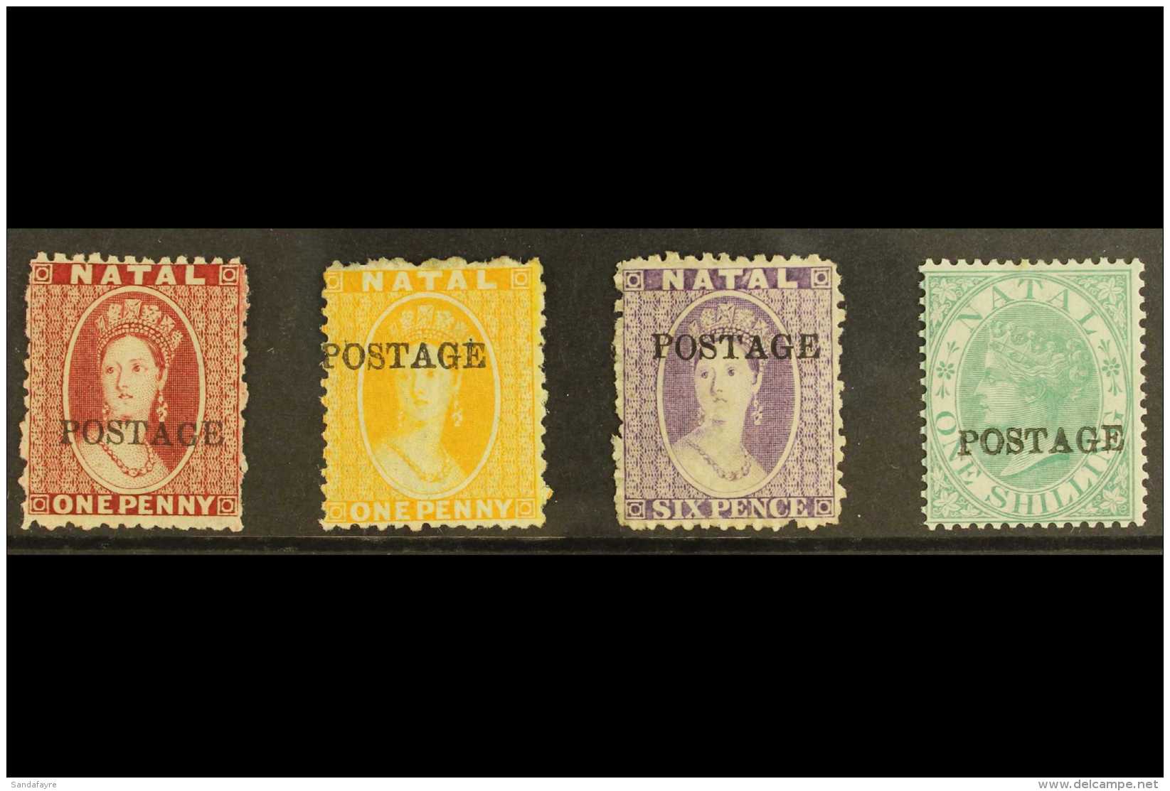 NATAL 1875-76 1d Rose, 1d Yellow, 6d Violet, And 1s Green With "POSTAGE" Overprints (14&frac12;mm Without Stop),... - Sin Clasificación