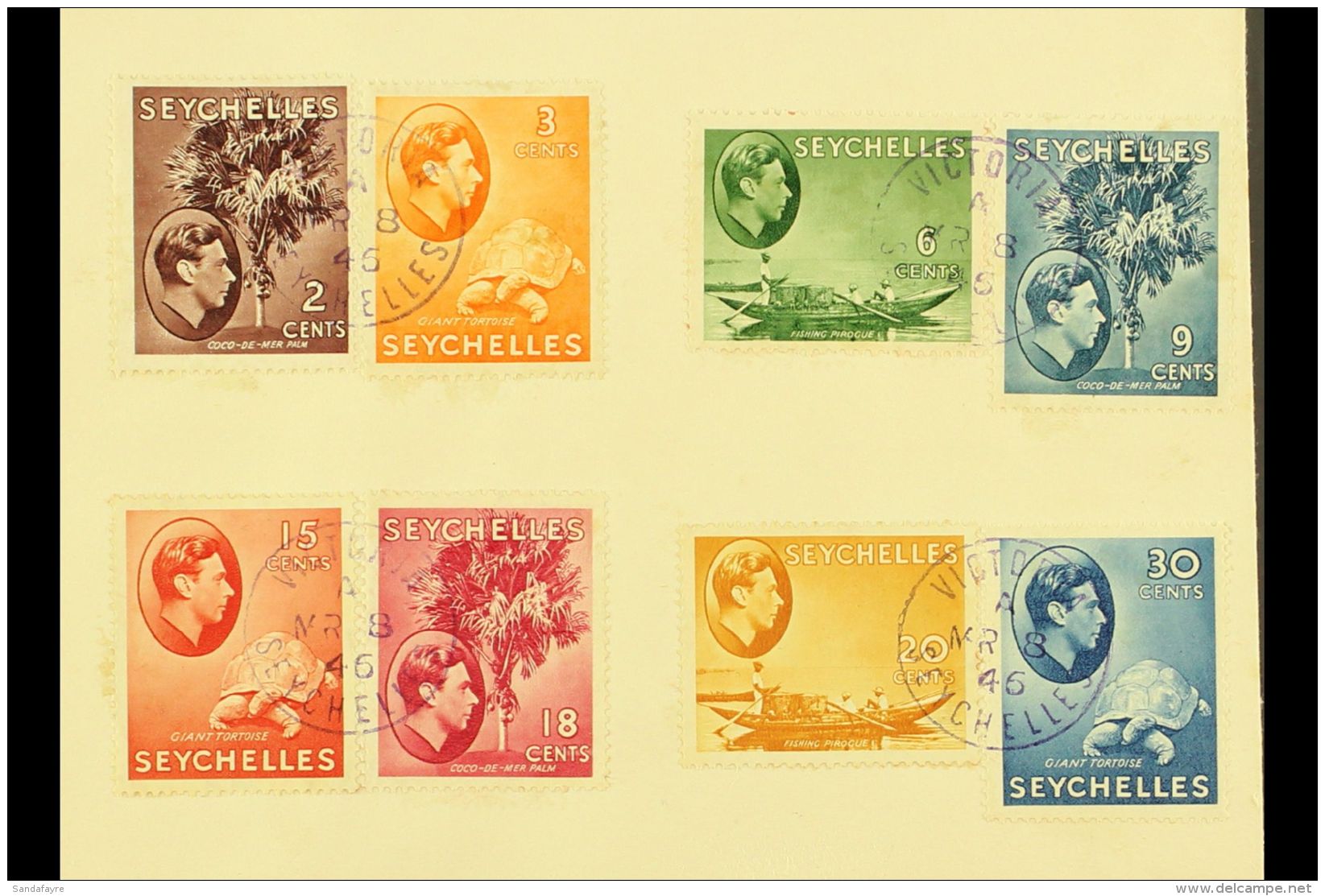 1946 (8 Mar) Env Bearing 8 Different KGVI Definitive To 30c Blue, All Tied By Rare Victoria Cds In VIOLET Which... - Seychellen (...-1976)