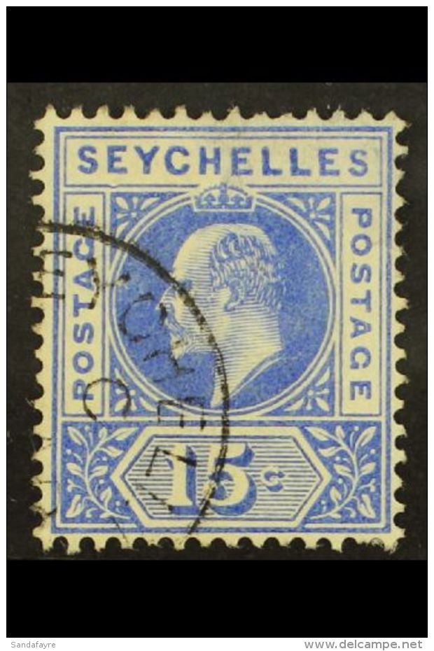 1903 15c Ultramarine, Dented Frame, Cds Used, Thin Patch. For More Images, Please Visit... - Seychelles (...-1976)