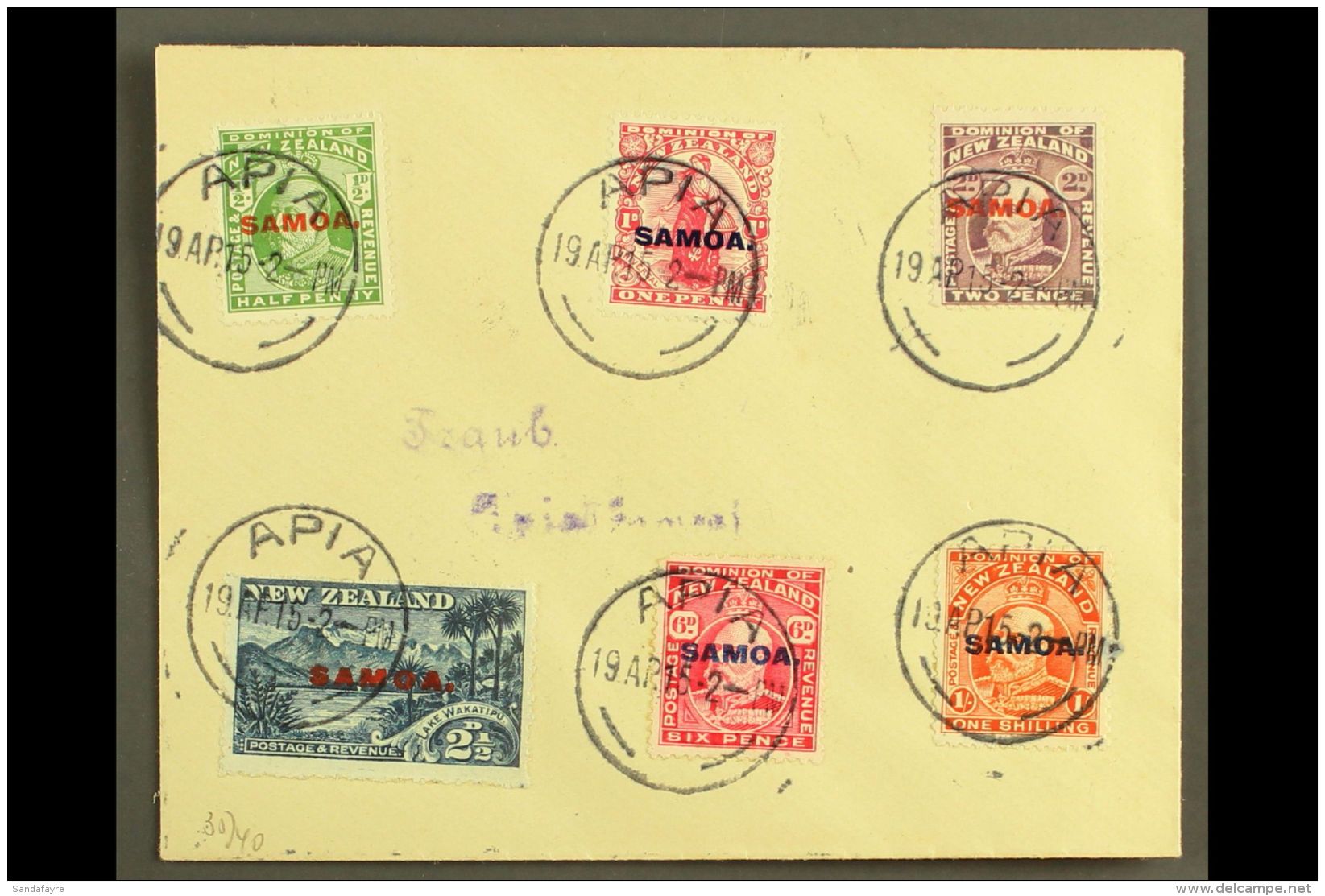 1915 KEVII New Zealand Overprints, Complete Set On Small Plain Cover, SG 115/21, Each With Strike Of "APIA"... - Samoa