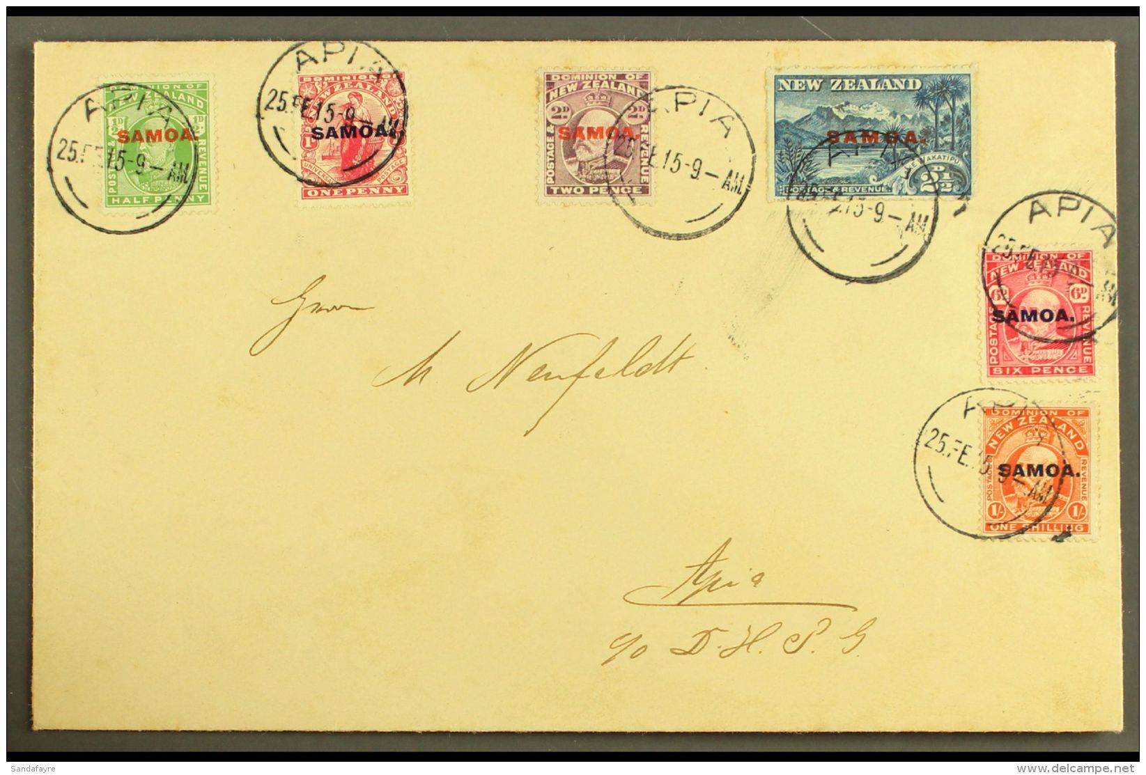 1915 KEVII New Zealand Overprints, Complete Set On Plain Cover, SG 115/21, Each With Clear Strike Of "APIA"... - Samoa (Staat)