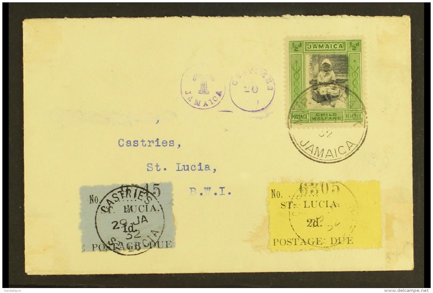 1932 (Jan 11) Incoming Cover From Jamaica Bearing &frac12;d+&frac12;d Child Welfare (SG 107); Alongside "T /... - St.Lucia (...-1978)