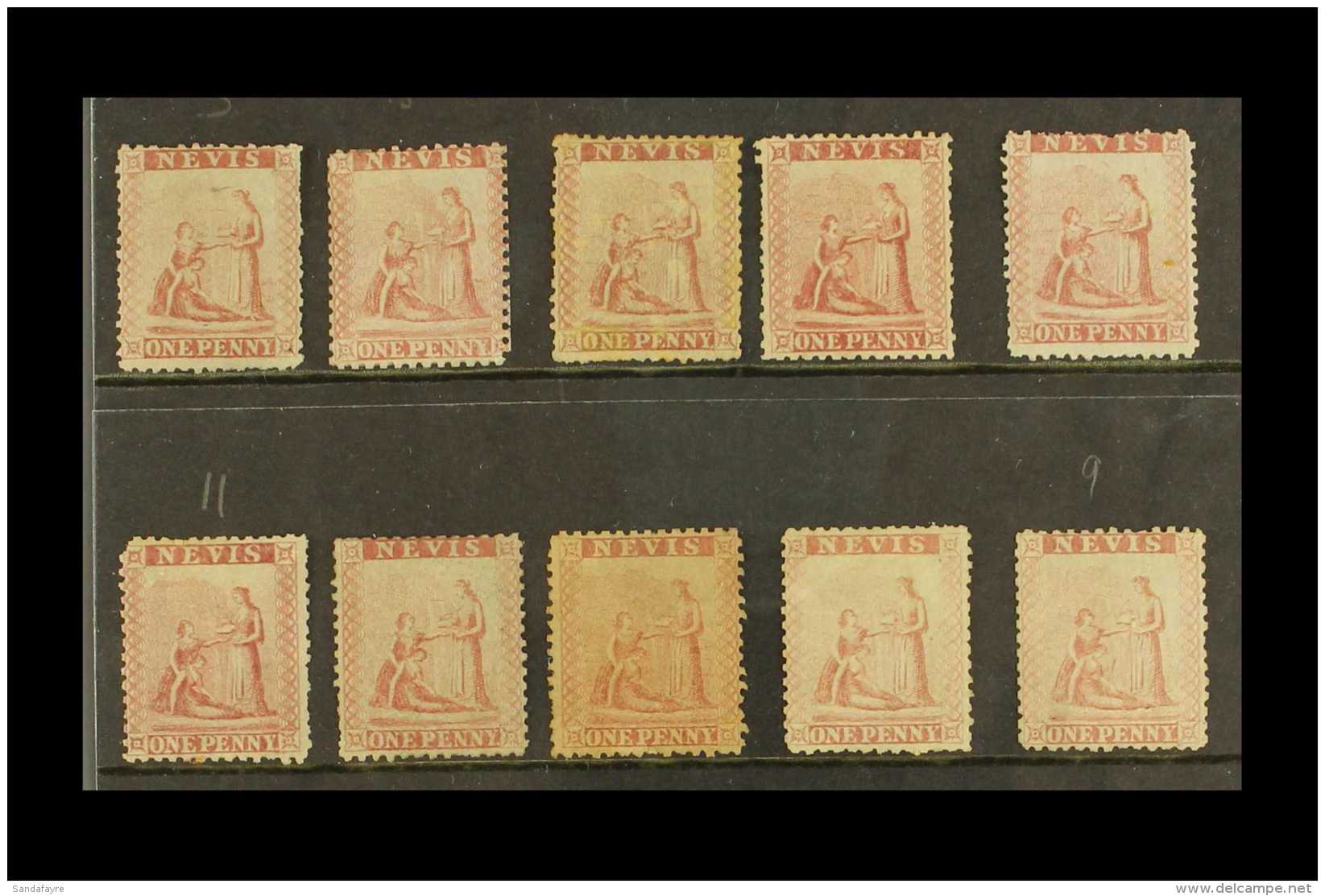 1862 1d STUDY GROUP 1d Dull Lake, Greyish Paper, Perf 13, SG 5, Ten Unused Examples, Includes Several Plated From... - St.Christopher-Nevis & Anguilla (...-1980)