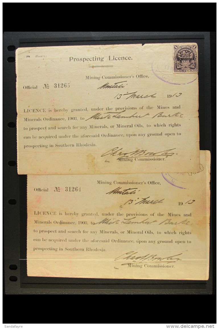 1913 PROSPECTING LICENCE Two Licences, Consecutive Numbers, Issued To Wick Lambert Burke On 13th March 1913, One... - Otros & Sin Clasificación