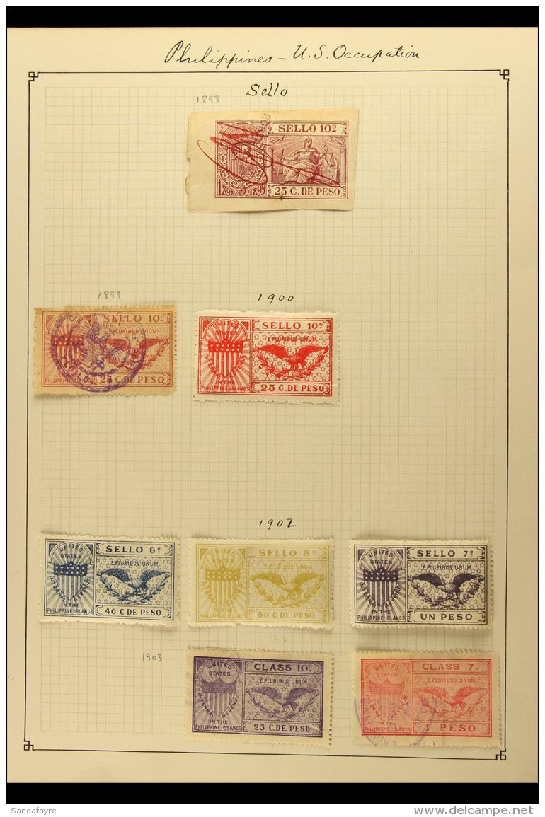 REVENUE STAMPS (U.S. ADMINISTRATION) - DOCUMENTARY "SELLO" 1898-1903 Fine Mint And Used Collection On Album Page.... - Filipinas