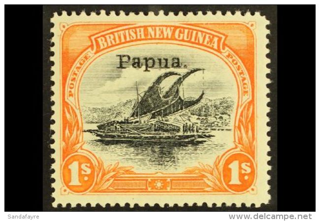 1907 1s Black &amp; Orange Lakatoi Small "Papua" Overprint Watermark Vertical Line Perf, SG 44, Fine Mint, Very... - Papúa Nueva Guinea