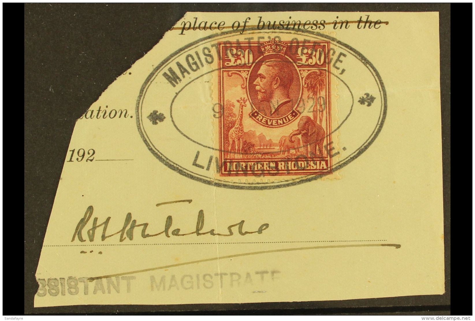 REVENUE 1925 &pound;30 Red-brown KGV, Barefoot 4, Used On Piece With "Magistrate's Office" 1929 Cancel, Horizontal... - Nordrhodesien (...-1963)