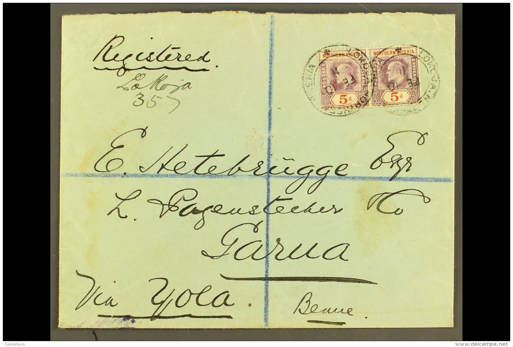 1911 (Feb) Envelope Registered Lokoja, Via Yola To Garua, Bearing 5d Dull Purple And Chestnut SG 24a Pair Tied... - Nigeria (...-1960)