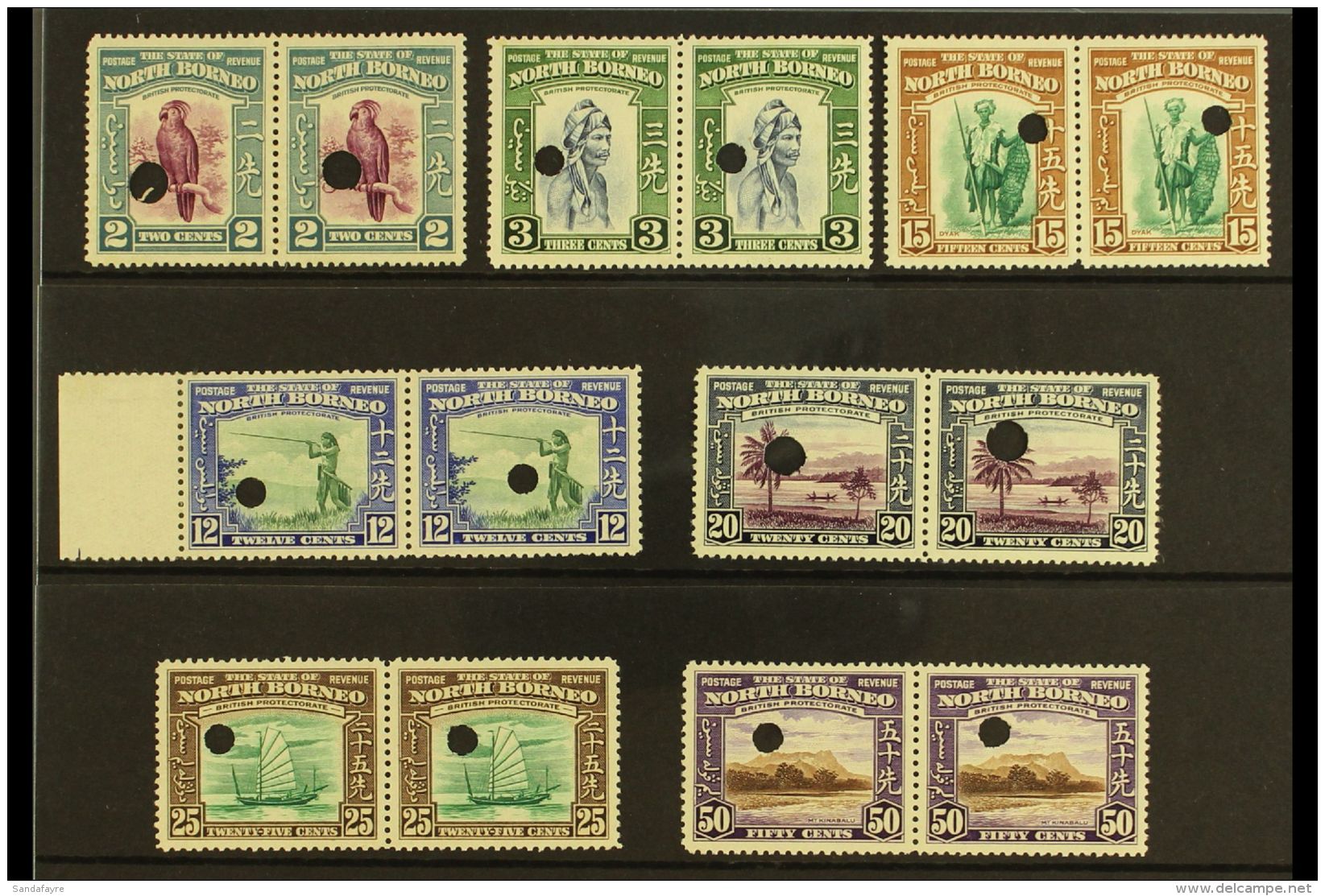 1939 PICTORIALS - PERFORATED PROOF PAIRS Includes 2c Purple &amp; Blue, 3c Blue &amp; Green, 12c Green &amp; Blue,... - Nordborneo (...-1963)