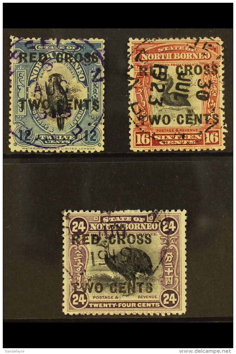 1918 12c, 16c And 24c Red Cross Two Cents Ovpts, SG 224/6, Superb Used With Large Format Jesselton Cds Cancels. (3... - Bornéo Du Nord (...-1963)