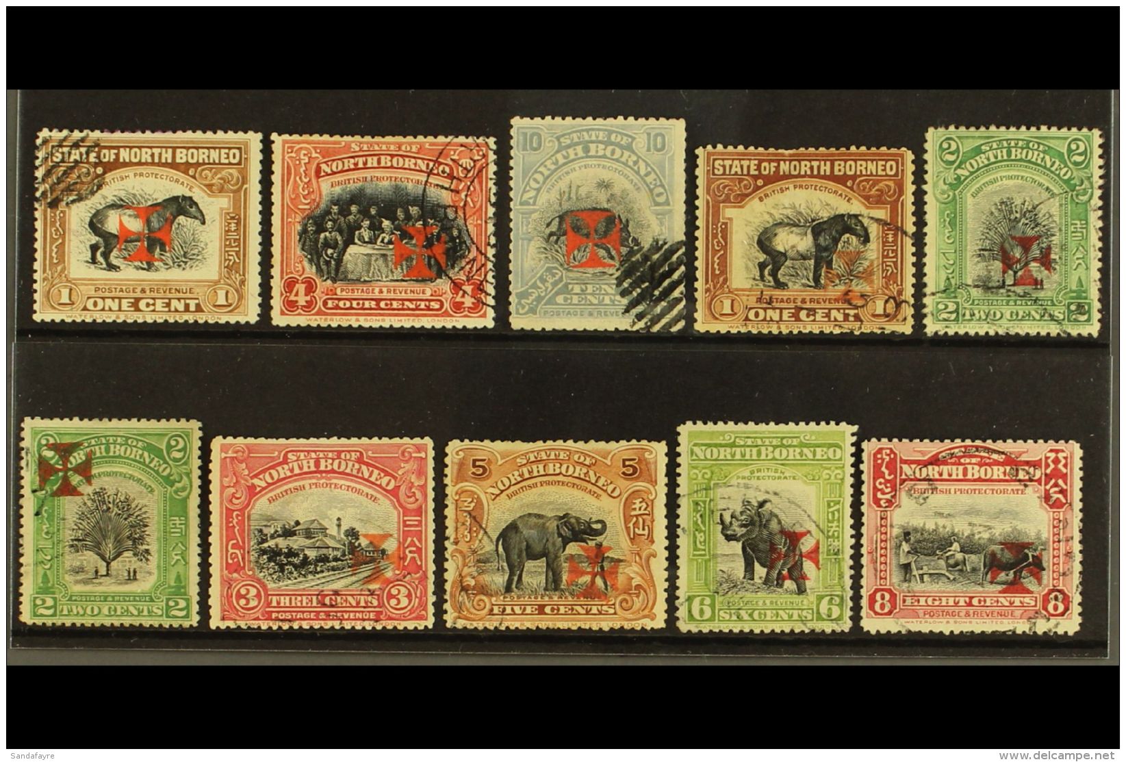 1916 (May) Selection Of Used Values With The Cross Overprints Includes Vermilion (thick Shiny Ink) Opt'd 1c, 4c... - Nordborneo (...-1963)