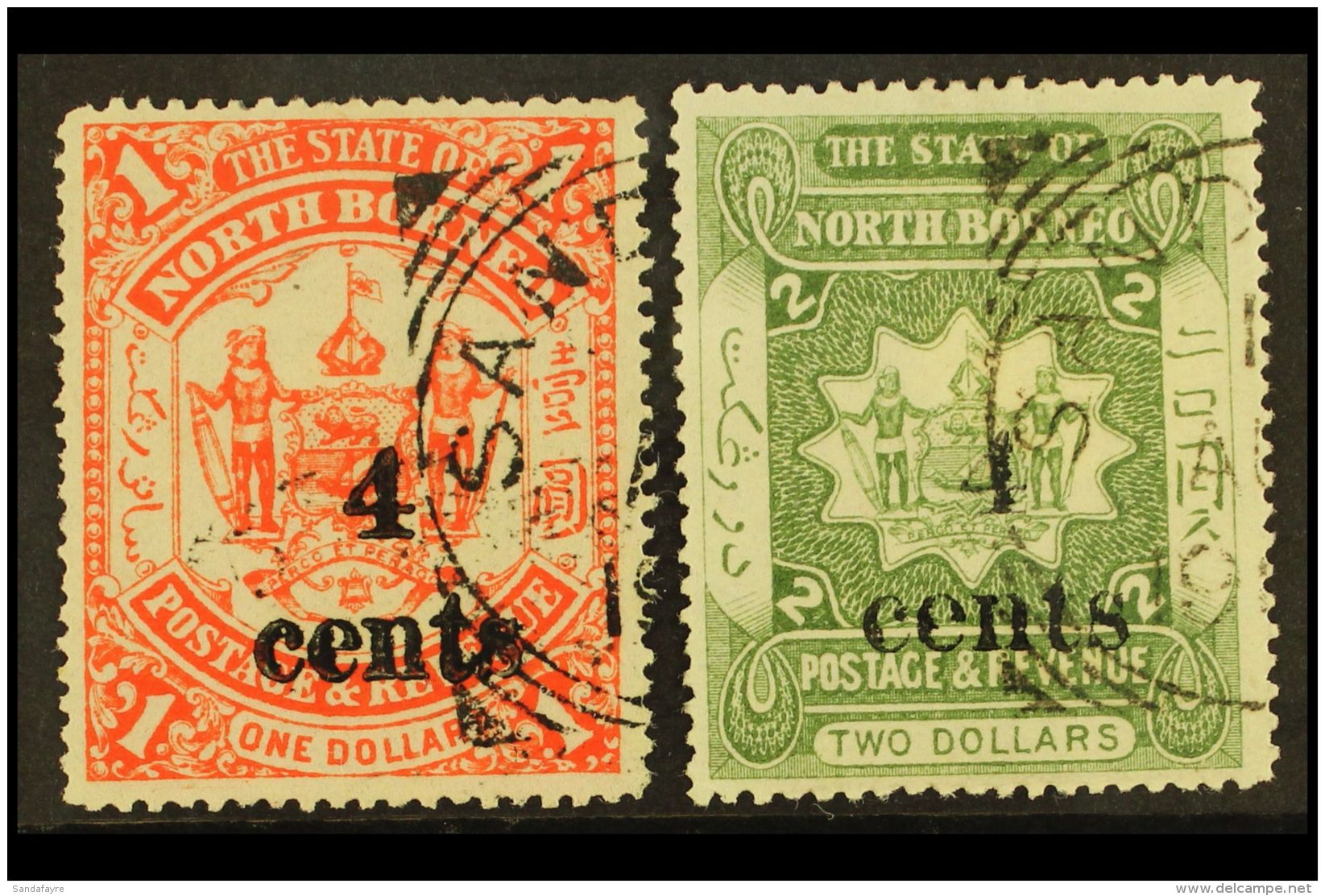 1904-05 4c On $1 And 4c On $2, SG 154/155, Neat Sandakan Squared Circle Cancels. (2) For More Images, Please Visit... - North Borneo (...-1963)