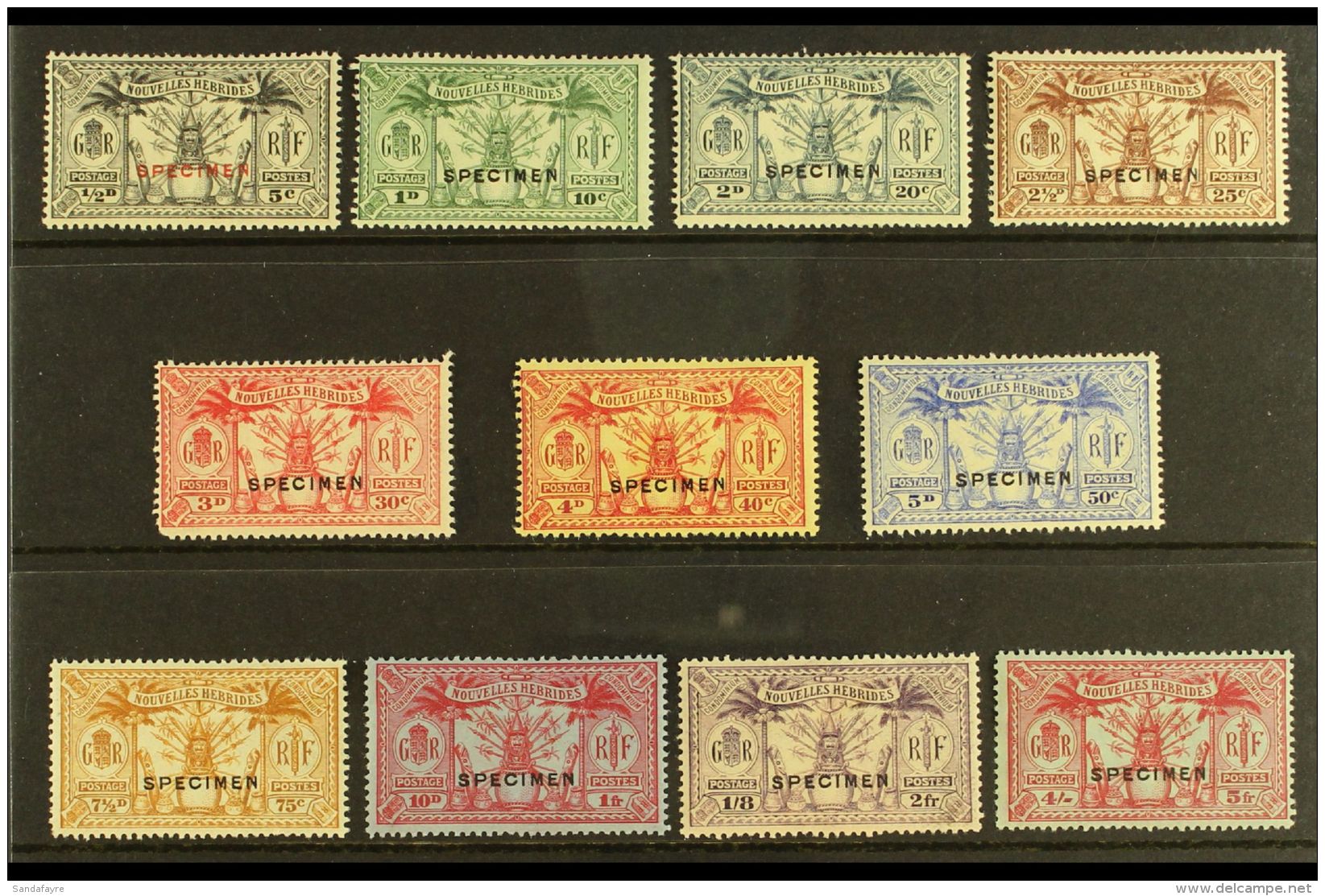 FRENCH CURRENCY 1925 Wmk "RF" In Sheet, Complete Set, Ovptd "Specimen", SG F42s/52s, Very Fine Mint. (11 Stamps)... - Otros & Sin Clasificación