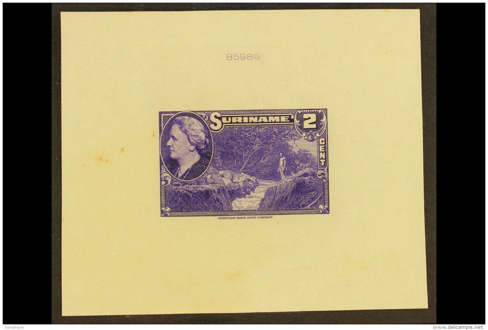 SURINAM 1945 2c Violet Native And Stream (as SG 315, Scott 186) - An American Bank Note Company DIE PROOF On Card,... - Otros & Sin Clasificación