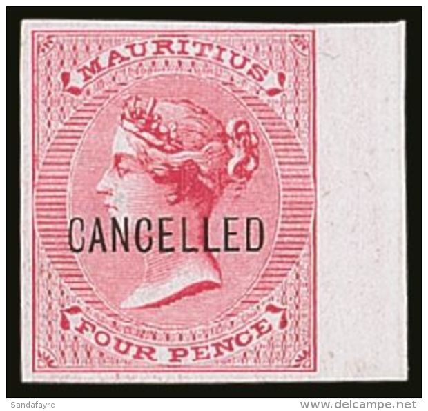 1863 4d Rose De La Rue (SG 62) IMPERFORATE PROOF OPT'D "CANCELLED" On White Card With 4 Good Margins (selvage At... - Maurice (...-1967)