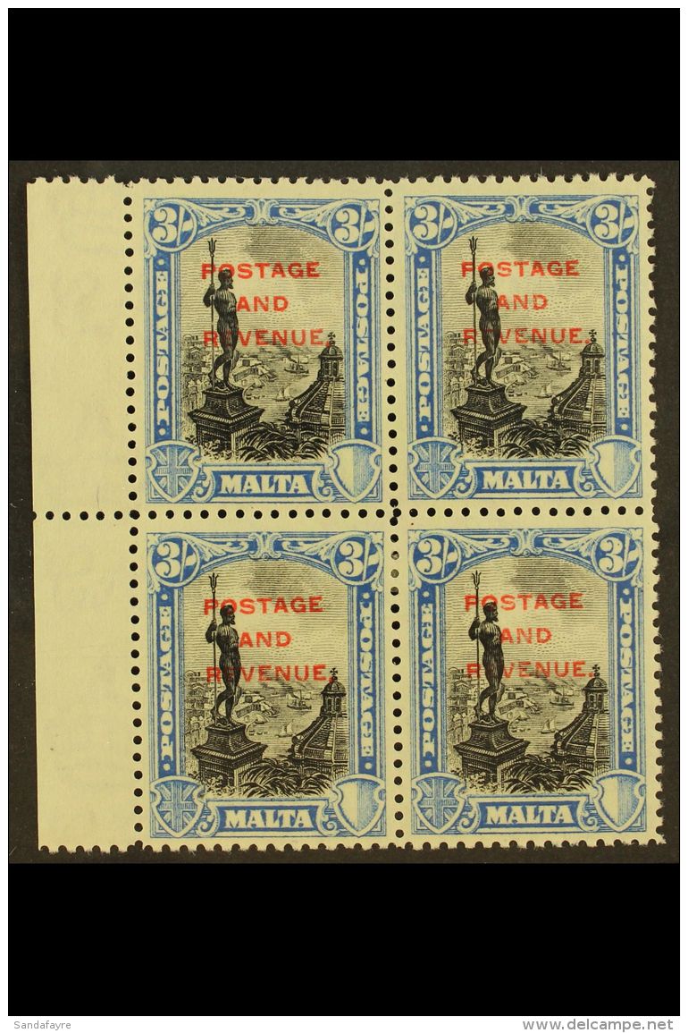 1928 3s Black &amp; Blue Overprint, SG 190, Superb Mint Marginal BLOCK Of 4, Very Fresh. (4 Stamps) For More... - Malta (...-1964)