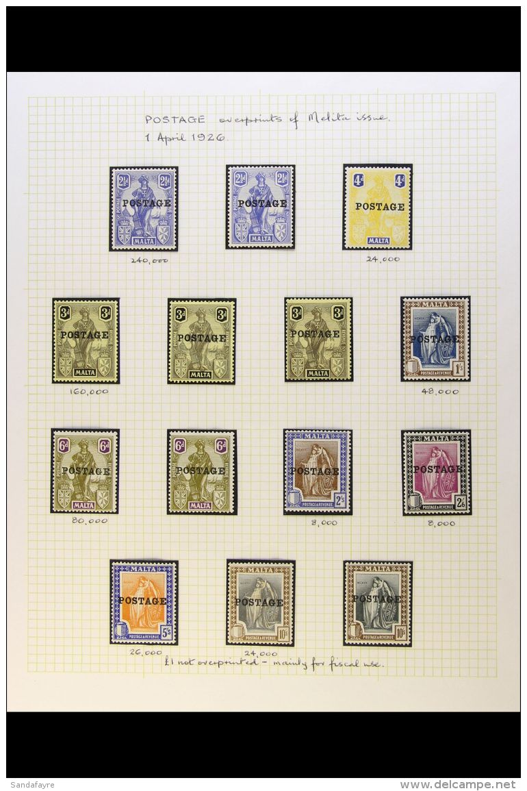 1926 "POSTAGE" OVERPRINTS Includes The Complete Set Of 14 To 10s Fine Mint, SG 143/156, Plus Additional Mint... - Malta (...-1964)