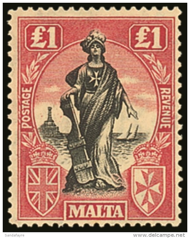 1925 &pound;1 Black And Bright Carmine, Watermark Upright  SG 140, Fine Mint.  For More Images, Please Visit... - Malta (...-1964)