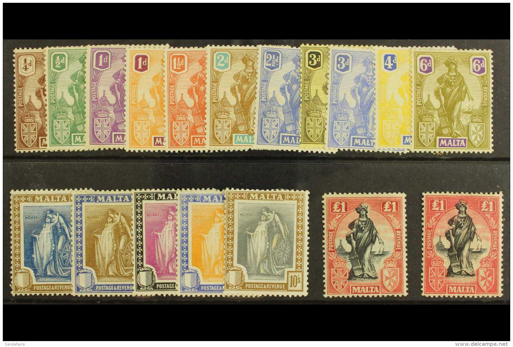 1922 "Malta" Allegory Set Complete Including Both &pound;1 Printings, SG 123/140, Very Fine And  Fresh Mint. (18... - Malta (...-1964)
