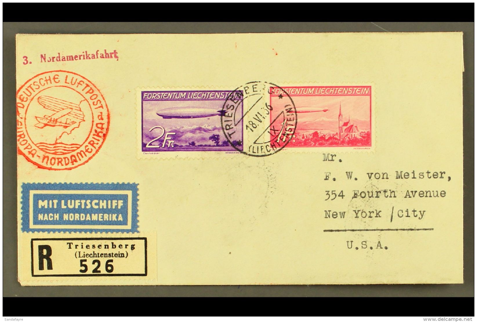 1936 ZEPPELIN FLIGHT. (18 June) Registered Cover To USA, Bearing 19365 Zeppelin Set (Michel 149/50, SG 151/52)... - Autres & Non Classés