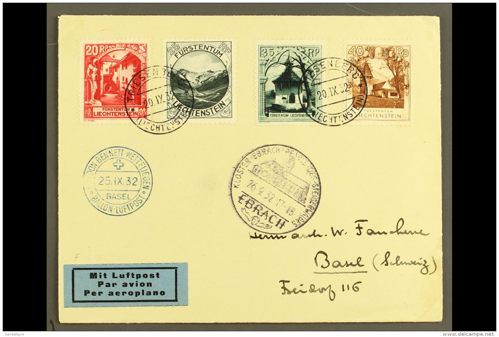 1932 BALLOON FLIGHT COVER (GORDON BENNETT COMPETITION) Bearing 1930 Pictorial Definitive 20r,25r,35r And 40r Tied... - Autres & Non Classés