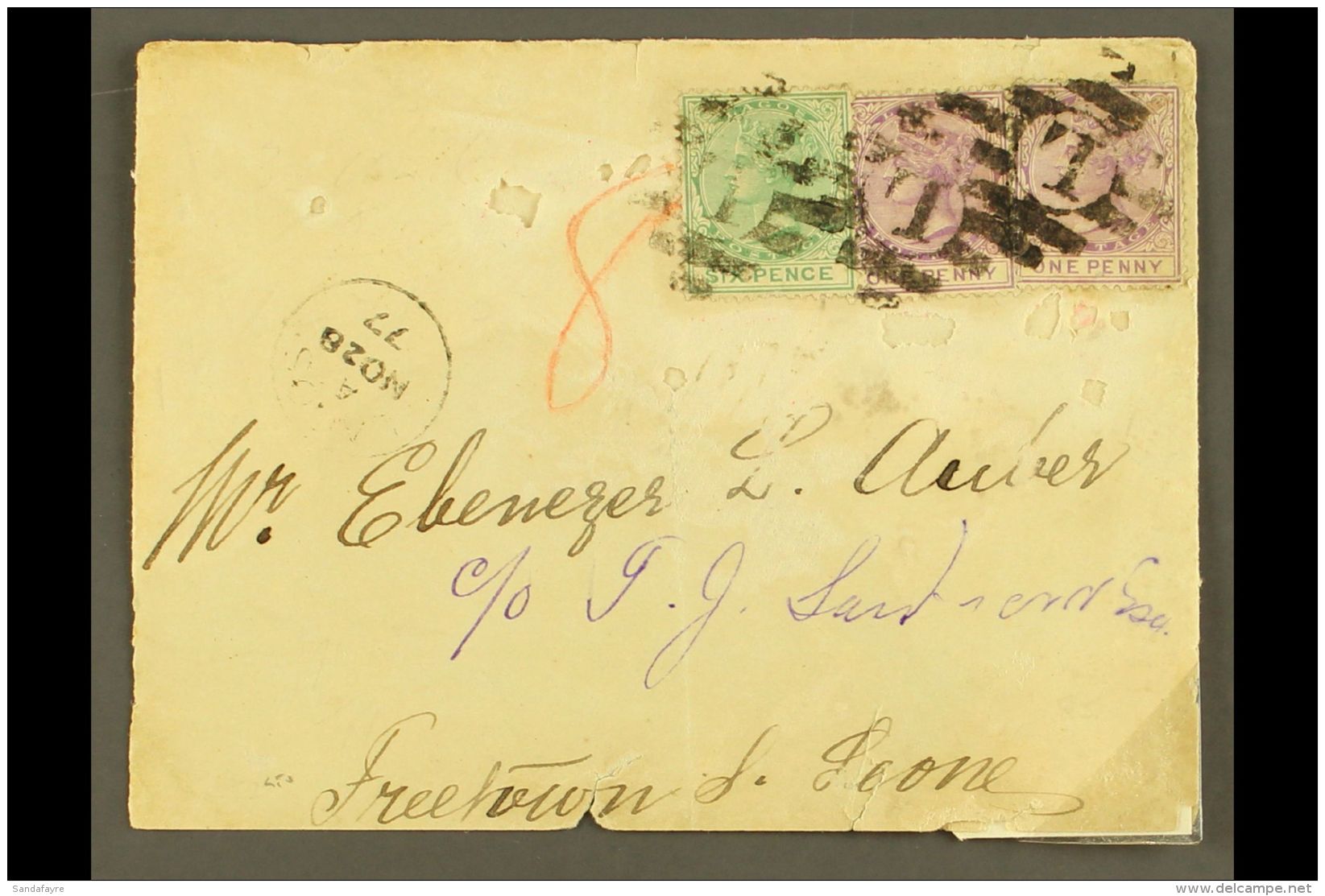 1877 (Nov) Envelope To Sierra Leone, Bearing 1876-79 1d X2 And 6d Tied "L" In Bars, Lagos Cds At Left, Various... - Nigeria (...-1960)
