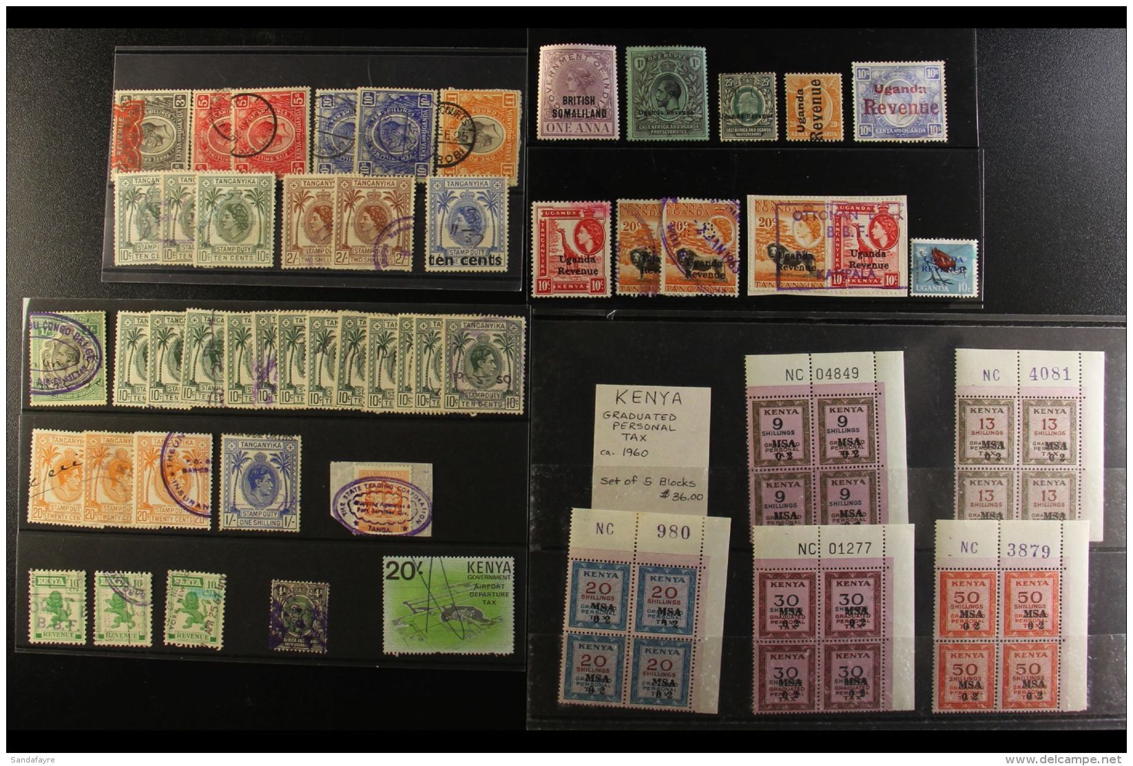 REVENUE STAMPS OF BRITISH EASTERN AFRICA Interesting Accumulation On Leaves And Stockcards. Note East Africa... - Vide