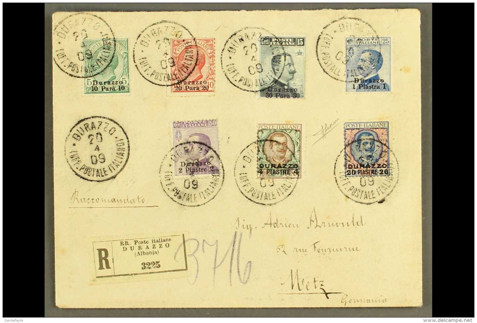 POST OFFICES IN TURKISH EMPIRE DURAZZO - 1909 Registered Cover Franked With All The Values From 10pa On 5c To 20pi... - Sonstige & Ohne Zuordnung