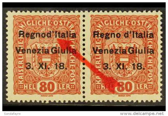 VENEZIA GIULIA 1918 80h Red Brown Overprinted, Variety 'Regnod', Sass 13n, In Pair With Normal, Very Fine Never... - Sin Clasificación