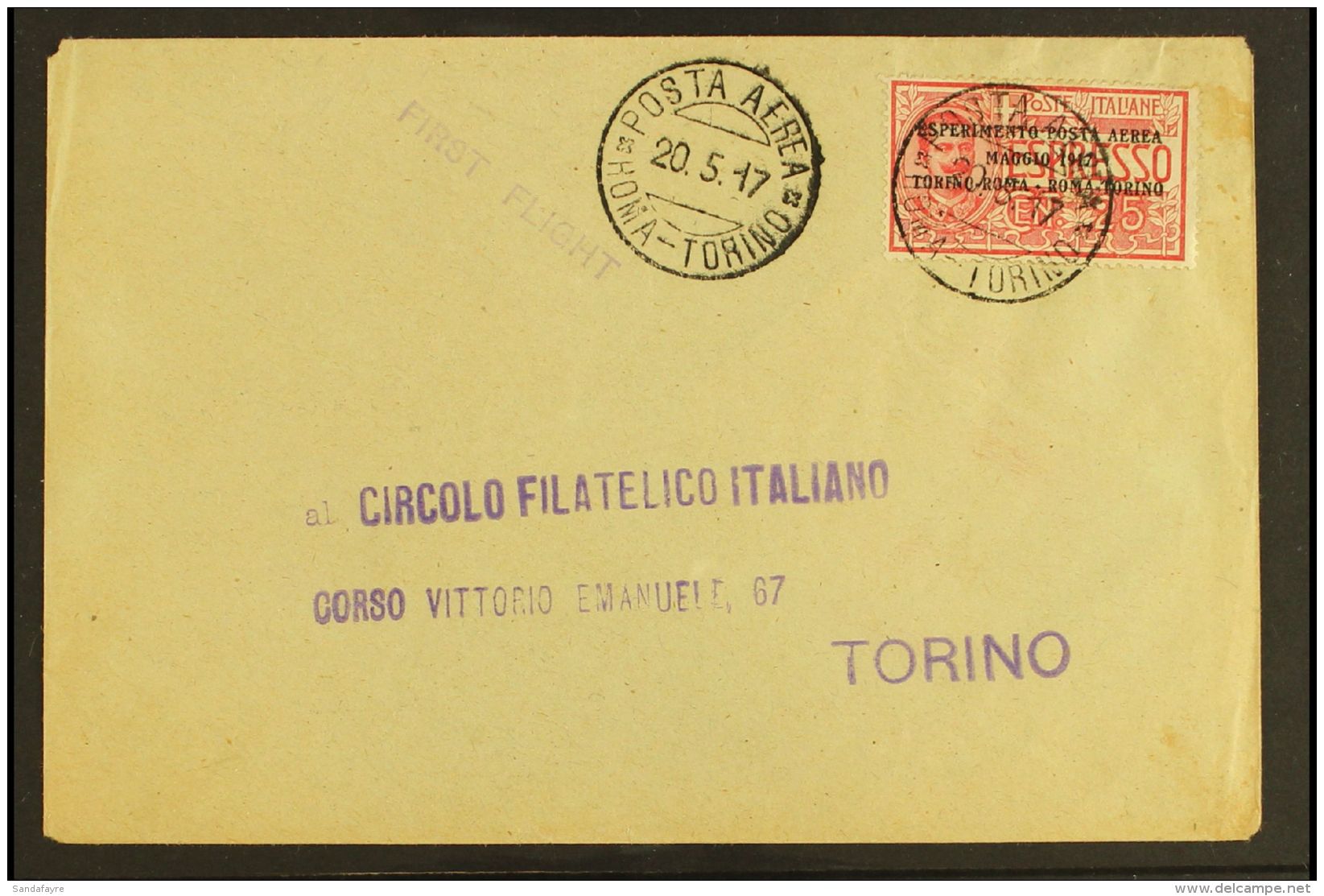 1917 (20 May) First Flight  Cover Bearing Air 25c Rose (Sass 1, SG 102) Tied By "POSTA AEREA / ROMA-TORINO" Cds.... - Sin Clasificación