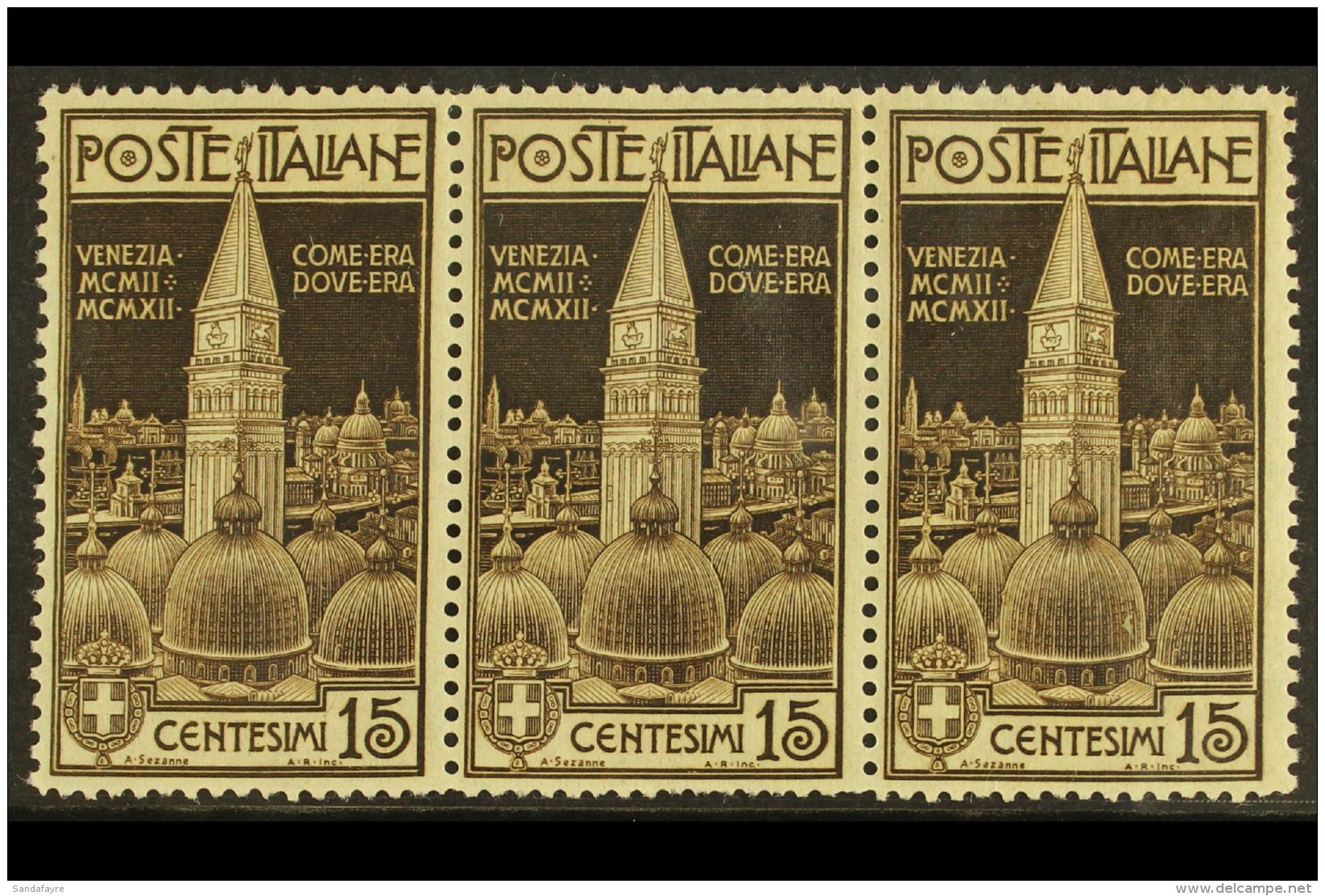 1912 15c Brown St Mark's Bell Tower, Sassone 98, Never Hinged Mint Horizontal Strip Of Three, With Excellent... - Ohne Zuordnung