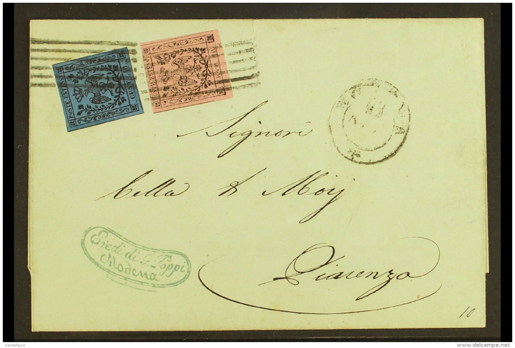 MODENA 1853 Cover To Piacenza Franked Modena 10c On Rose With Stop And 40c On Deep Blue With Stop (Sass 9 &amp;... - Sin Clasificación