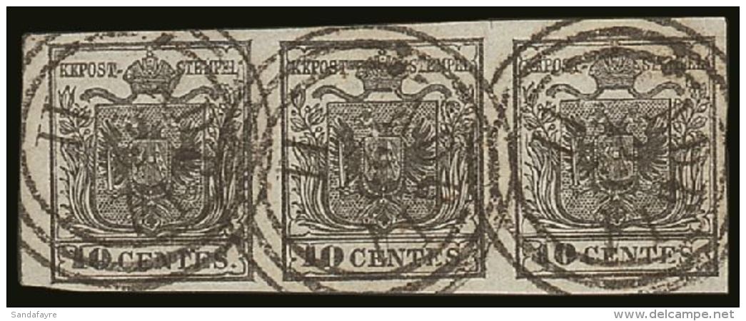 LOMBARDY-VENETIA 1850 10c Black On Hand-made Paper, Sassone 2, (Michel 2Xa), Used Strip Of 3 With Huge Margins And... - Ohne Zuordnung