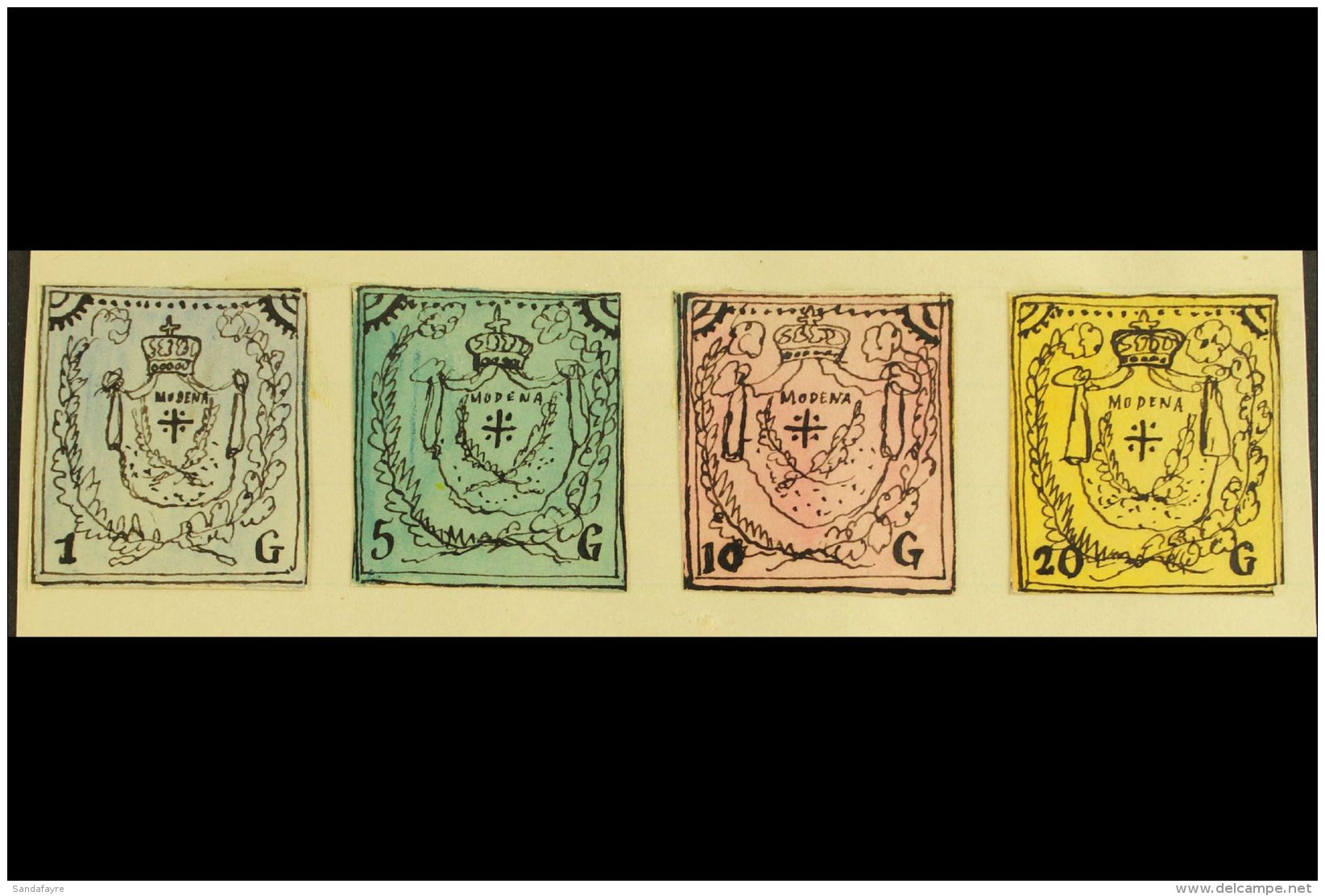 1861 HAND PAINTED STAMPS Unique Miniature Artworks Created By A French "Timbrophile" In 1861. MODENA Four Values... - Sin Clasificación