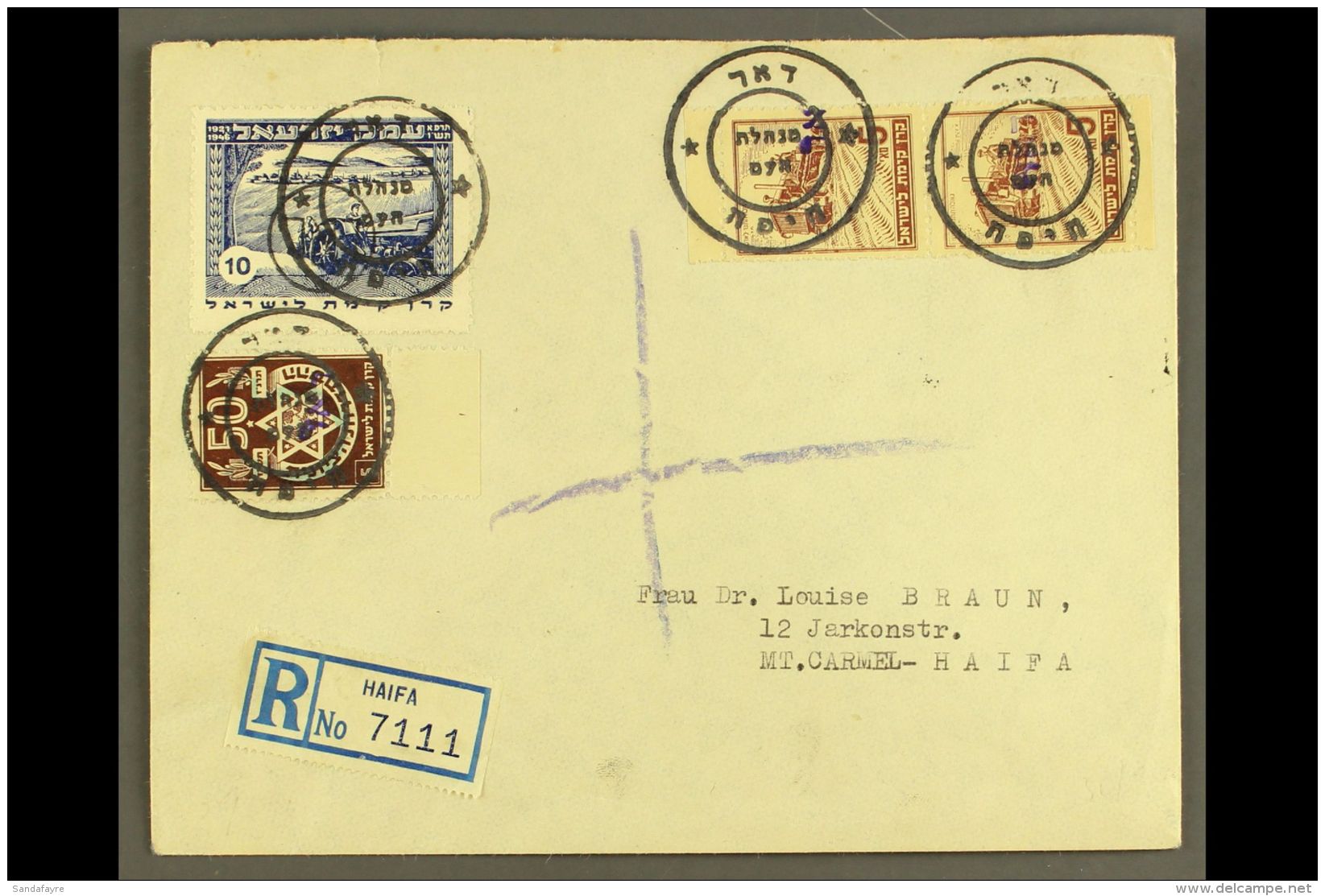 1948 Env (no Back Flap) Registered From Haifa To Lady Doctor At Mt Carmel Bearing Valley 10m Blue, Zionist Org... - Otros & Sin Clasificación