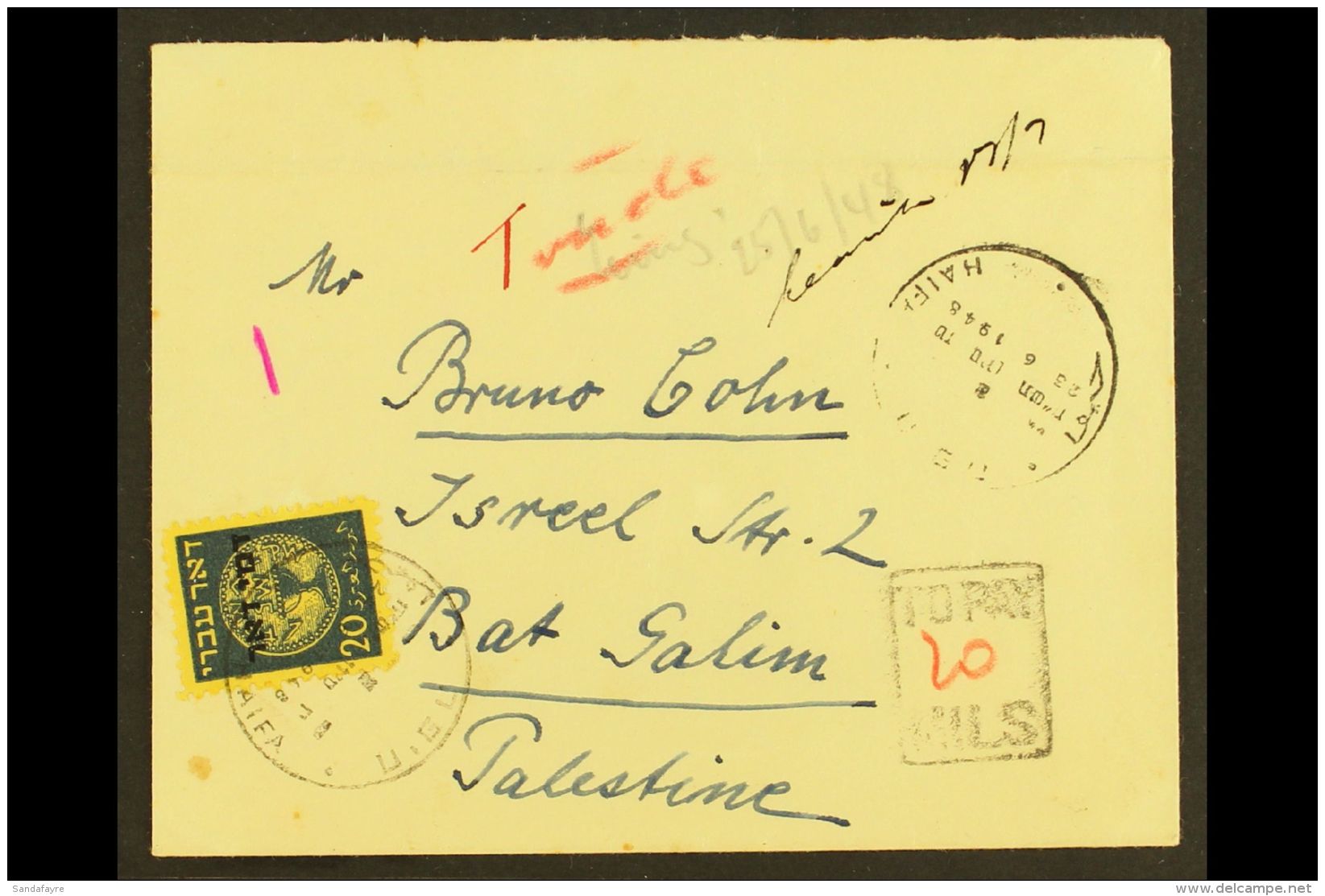 1948 (23 June) Stampless Cover To Bat Galim With Boxed "TO PAY" Cachet And 20m Postage Due (Bale PD4, SG D13).... - Otros & Sin Clasificación