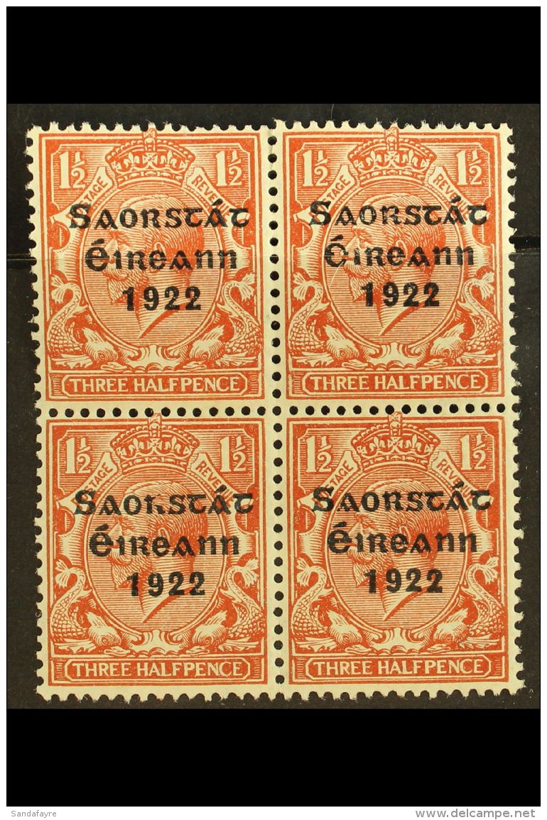 1922-23 SAORSTAT 1&frac12;d Red-brown, Block Of Four, Upper Right Stamp Showing "PENCF" Corrected, Fine Mint. For... - Autres & Non Classés