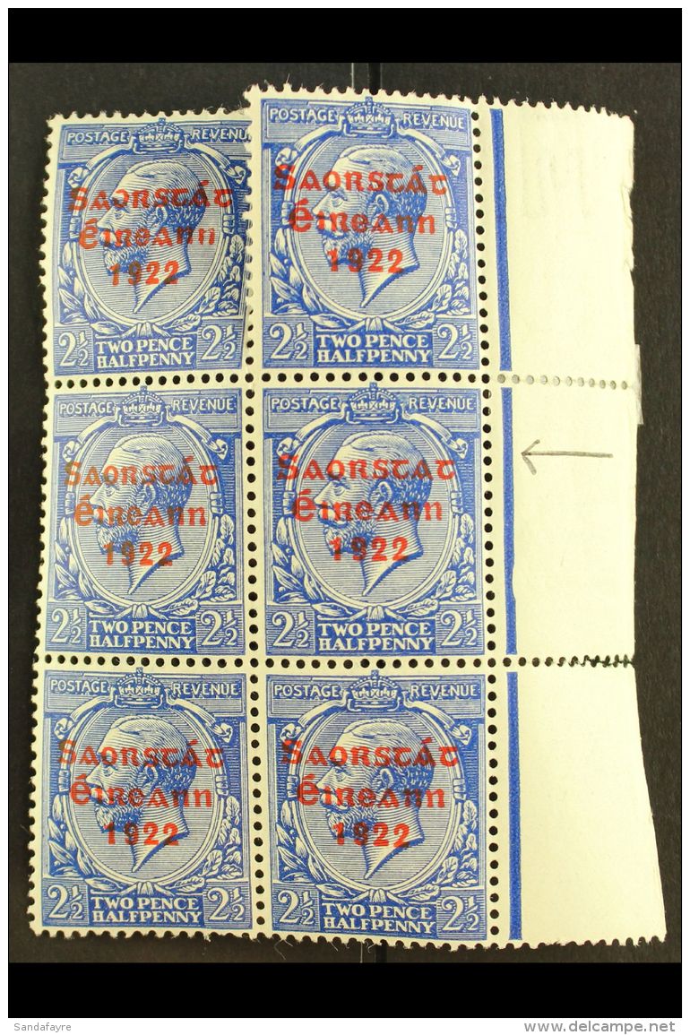 1922-23 SAORSTAT 2&frac12;d Bright Blue, Right Marginal Block Of Six, One Showing NO ACCENT, SG 56a, Fine Mint,... - Otros & Sin Clasificación