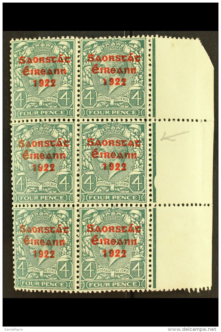 1922-23 SAORSTAT 4d Grey-green, Right Marginal Block Of Six, Showing NO ACCENT, SG 58a, Fine Mint, The Variety... - Sonstige & Ohne Zuordnung