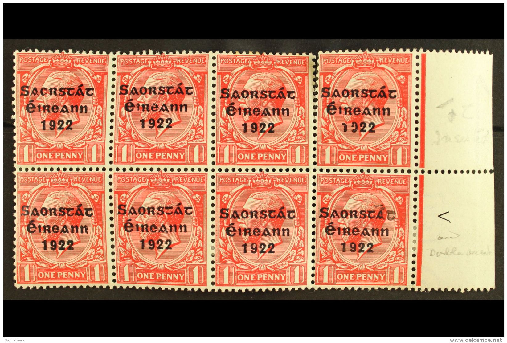 1922-23 SAORSTAT 1d Red, Right Marginal Block Of Eight, Showing ACCENT AND "T" INSERTED, SG 53c (Hib T48e, With... - Sonstige & Ohne Zuordnung