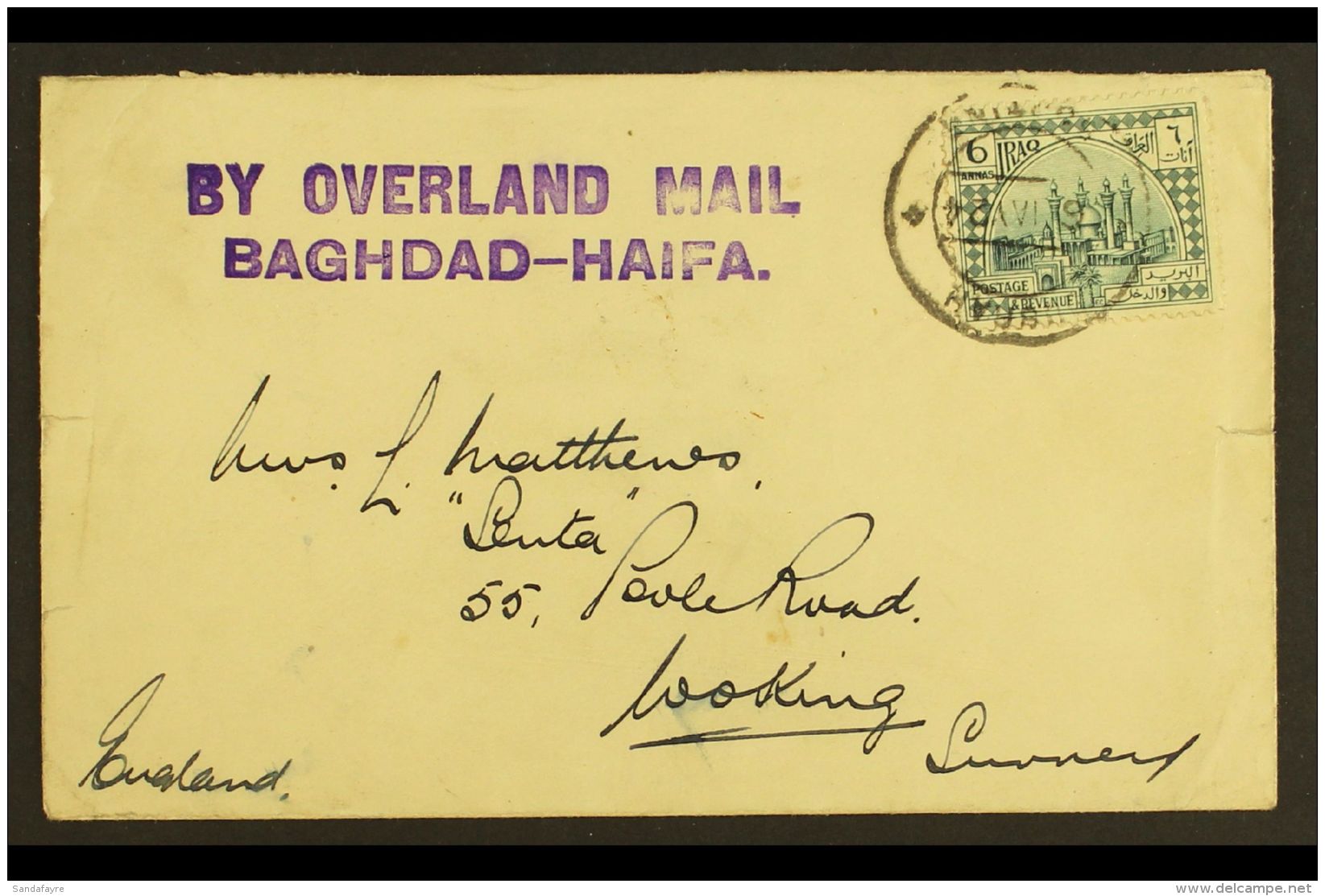 1924 (6 May) Cover To England Bearing 6a (SG 47) Tied By Busrah Cds; Alongside Violet "BY OVERLAND MAIL /... - Irak