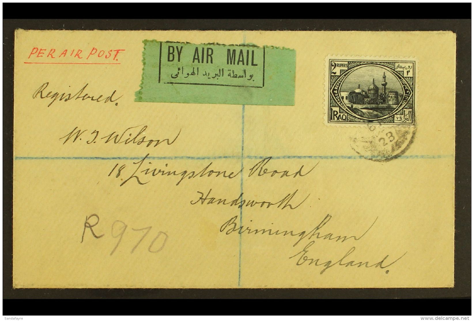 1923 (6 Aug) Registered Cover To England Bearing 2R Black (SG 50) Tied By Cds; Endorsed "PER AIR POST" With... - Iraq