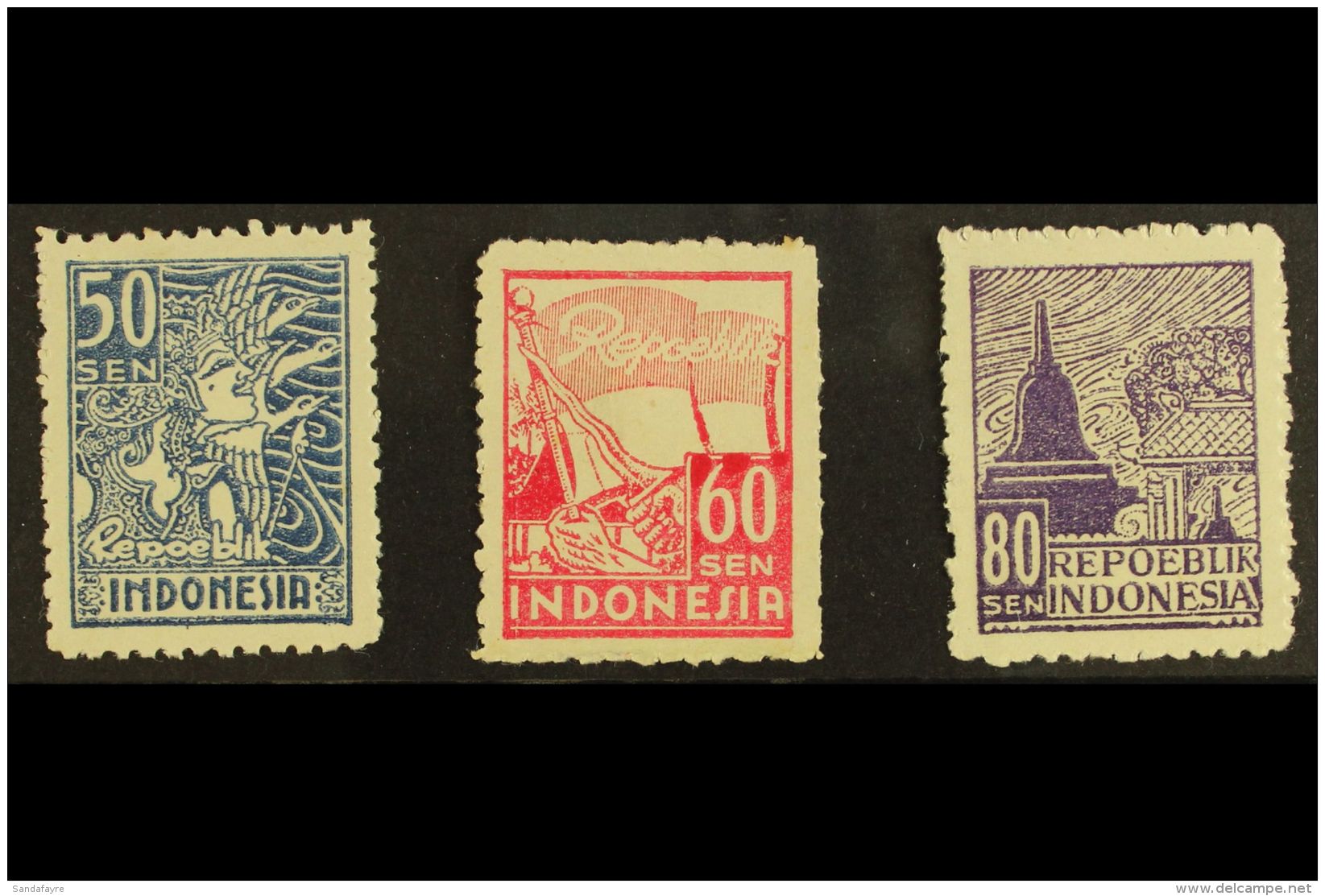 ISSUES FOR JAVA 1946-47 Puppet, Flag, And Temple Complete Set, SG J52/54, Fine Unused Without Gum As Issued. (3... - Indonesia