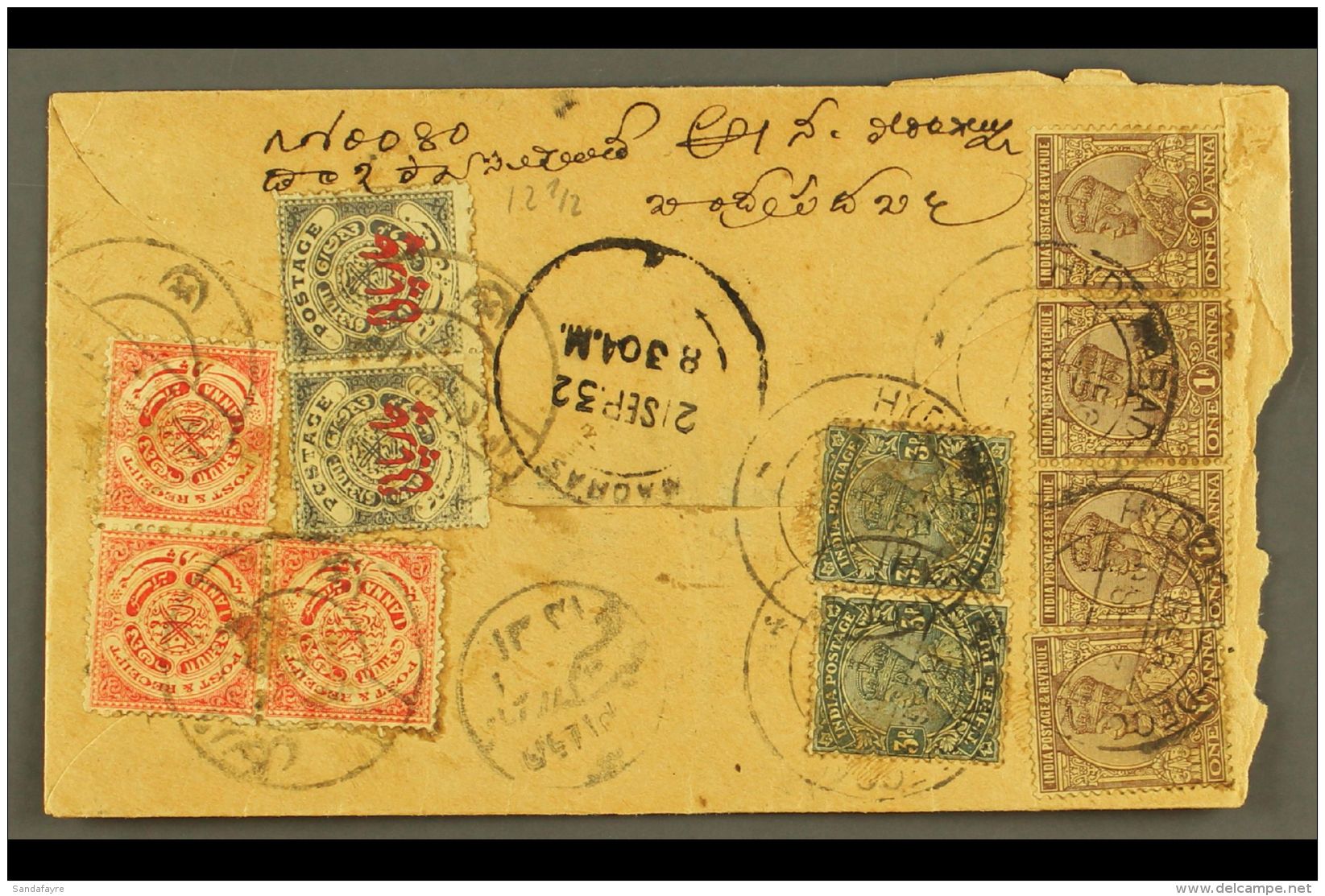 HYDERABAD 1932 (2nd Sept) Registered Printed Commercial Cover To Madras Bearing KGVI 1a X4, KGV 3p X2, Hyderabad... - Autres & Non Classés