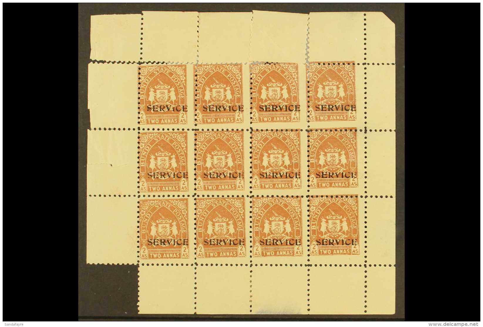 BUNDI OFFICIALS. 1941 2a Brown, SG O56, COMPLETE SHEET Of 12 With Selvedge To All Sides. Fine Mint, Ungummed Paper... - Sonstige & Ohne Zuordnung